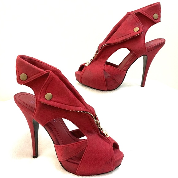 Red Suede Zipper Platform Heels | Statement Night Out Shoes Head Turners Sz 6.5 - Picture 2 of 15